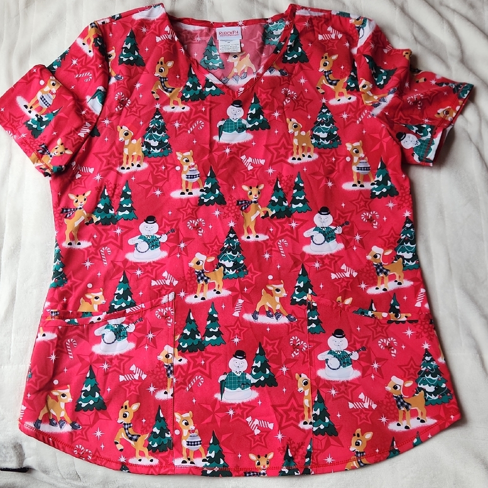 Christmas, Holiday, Festive Rudolph The Red-Nosed Reindeer,  Holiday Scrub Top